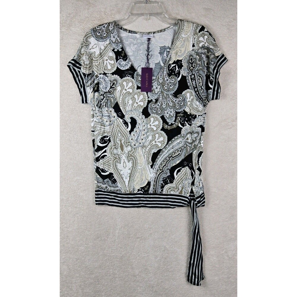 Lascana Women's Short Sleeve V Neck Tie Paisley Top Size 0/2